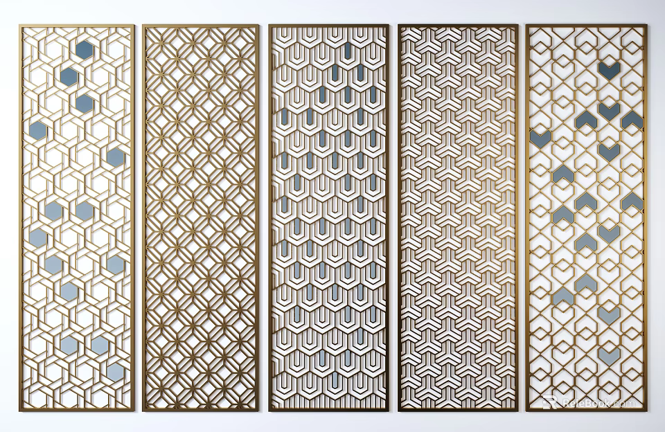 Decorative Modern Room Dividers With Various Geometric Patterns And Golden Frames 3d model 