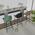 Modern Bar Counter In Stylish Interior With Colorful Bar Stools Plants Cups And Decor