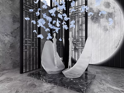 Garden Ornament With Two White Sculptures Black Grille Screen Blue Butterflies And Full Moon 3d model