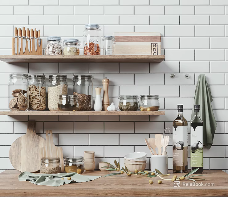 Organized Kitchen Utensils On Wooden Shelves With Glass Jars And Olive Oil Bottles 3d model 