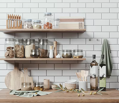 Organized Kitchen Utensils On Wooden Shelves With Glass Jars And Olive Oil Bottles 3d model