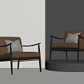 Brown Leather Accent Chairs With Metal Frame Armrests And Checkered Cushions In Minimalist Setting