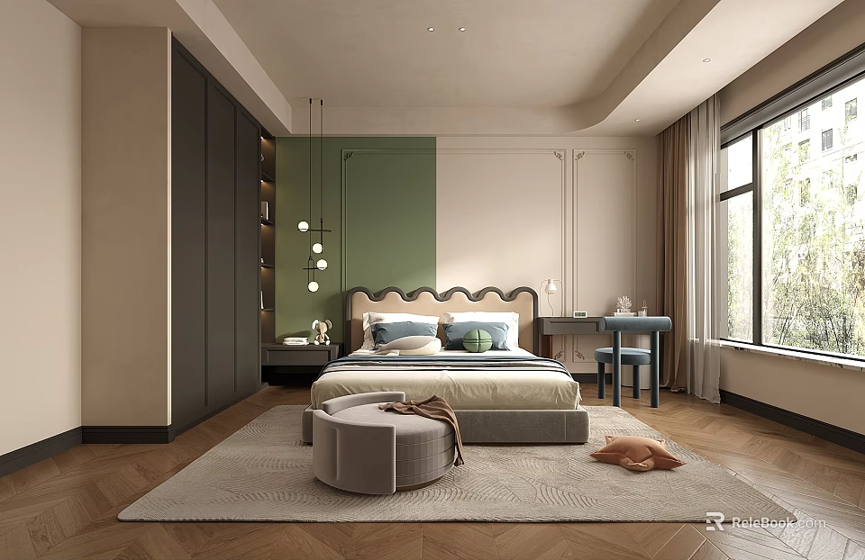 Elegant Modern Bedroom Interior With Green Wall Gray Carpet Nightstand And Pendant Light 3d model 