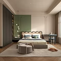 Elegant Modern Bedroom Interior With Green Wall Gray Carpet Nightstand And Pendant Light