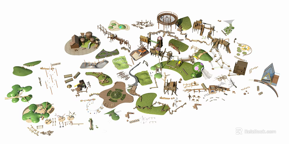 Outdoor Playground Equipment With Wooden Slides Swings Climbing Frames And Green Surfaces 3d model 