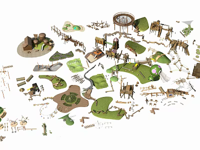 Outdoor Playground Equipment With Wooden Slides Swings Climbing Frames And Green Surfaces 3d model