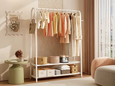 White Clothing Rack With Hanging Clothes And Storage In Living Room 3d model