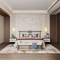 Modern Elegant Bedroom Interior With Bed Desk Cabinet And Decorative Rug