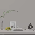 Decorative Ornament Set with Green Fern Clear Glass Vase Books Yellow Fruit Bowl and Ornaments