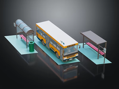 Public Bus Station With Yellow Bus Sheltered Platform Bench And Trash Can 3d model