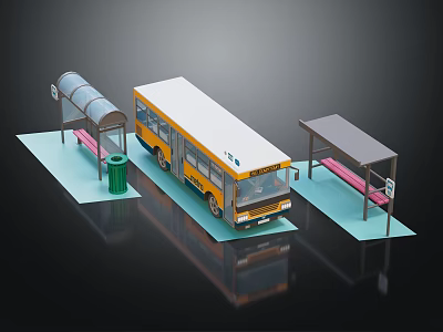 Public Bus Station With Yellow Bus Sheltered Platform Bench And Trash Can 3d model
