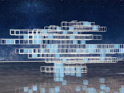 Abstract Landscape Sculpture With White Frame Structures Under Starry Sky and Water Reflection 3d model