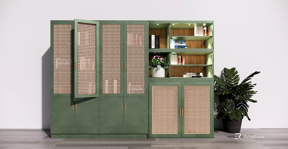 Modern Green Bookcase With Rattan Doors Open Shelves Books Decorations And Potted Plant 3d model 