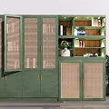 Modern Green Bookcase With Rattan Doors Open Shelves Books Decorations And Potted Plant