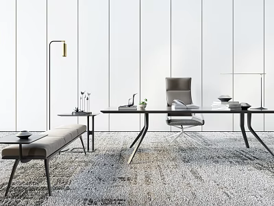 Modern Office Desk with Metal Frame Gray Chair Side Table Green Plant and Books 3d model