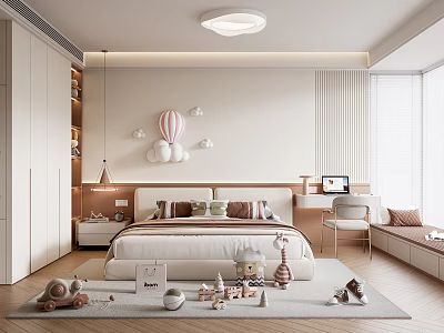 Modern White Kids Room Interior With Bed Desk Toys Balloon Decorations And Giraffe Plush 3d model
