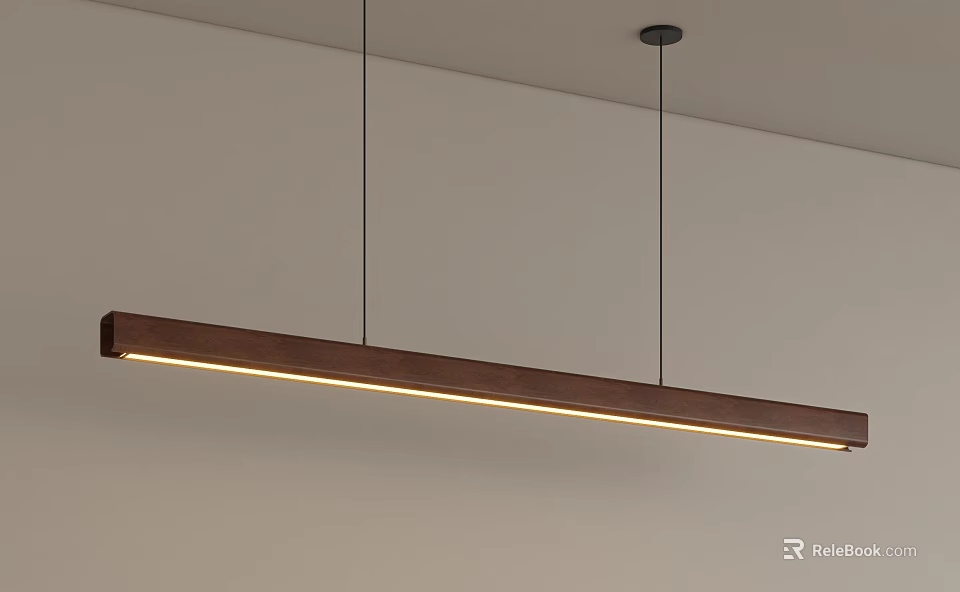 Modern Long Wooden Pendant Light With Warm Glow Hanging From Ceiling 3d model 