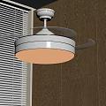 Modern White Round Chandelier with Wooden Wall and Window Blinds Emiting Warm Light in Room