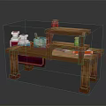 Pixel Style Wooden Workbench Furniture With Shelves Colorful Bottles And Red Cloth