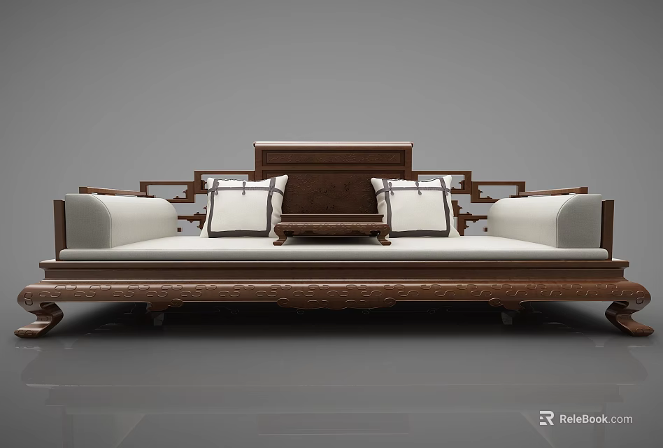 Traditional Chinese Style Two Seater Sofa With Wooden Carved Frame And White Cushions 3d model 