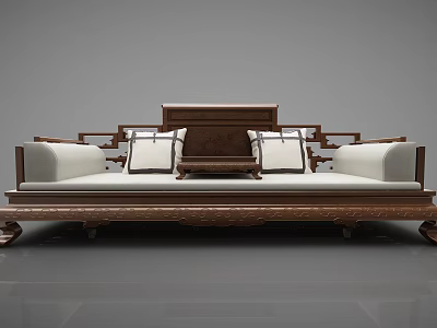 Traditional Chinese Style Two Seater Sofa With Wooden Carved Frame And White Cushions 3d model