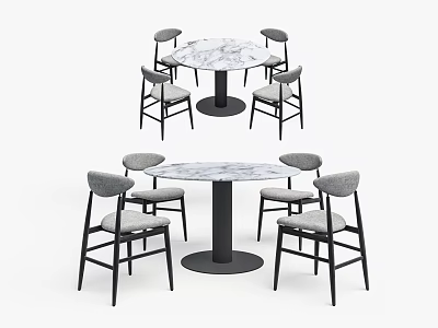 Modern Dining Table Set With Marble Tabletop Black Legs And Grey Padded Chairs 3d model