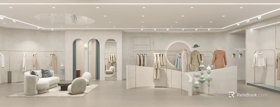 Modern Minimalist Clothing Store Interior With Clothing Racks Displayed Clothes And Decorative Mirrors 3d model 