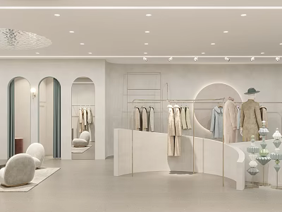 Modern Minimalist Clothing Store Interior With Clothing Racks Displayed Clothes And Decorative Mirrors 3d model