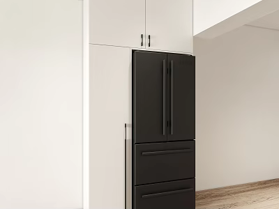 Modern Apartment Kitchen Area With Black Refrigerator White Cabinets And Wooden Flooring 3d model