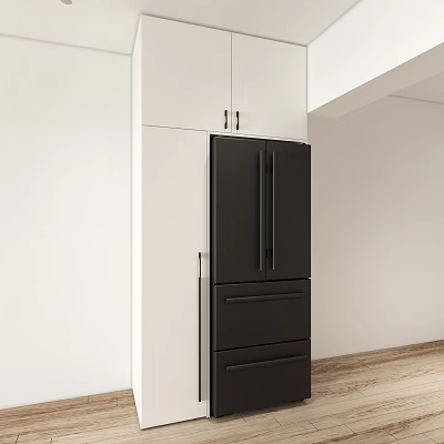 Modern Apartment Kitchen Area With Black Refrigerator White Cabinets And Wooden Flooring 3d model