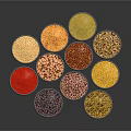 Various Colored Grains Arranged in Gray Woven Baskets on Black Background