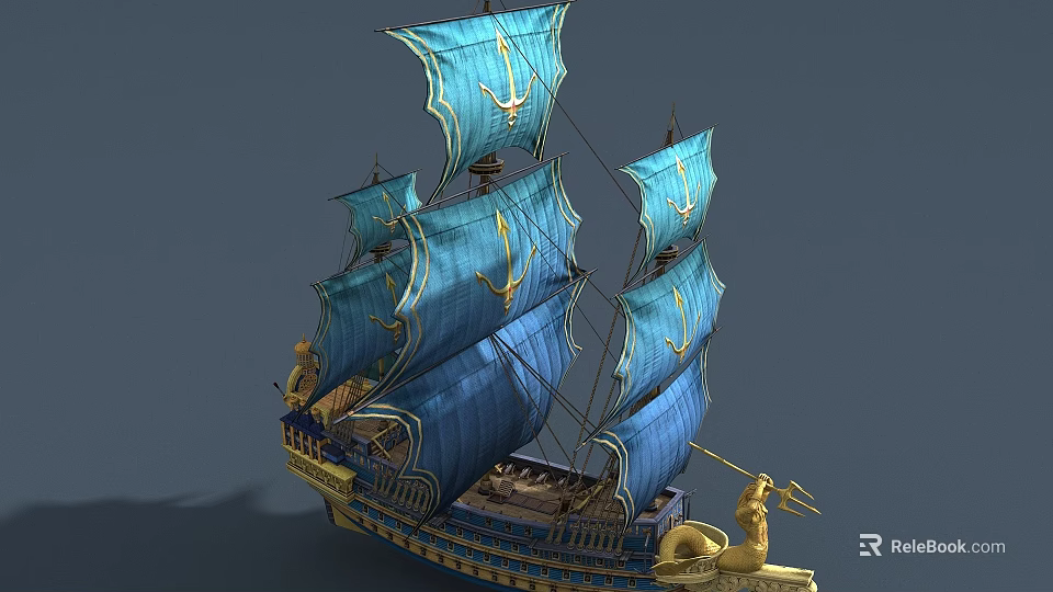Ornate Wooden Ship With Blue Sails And Golden Anchor Designs Figurehead Statue 3d model 