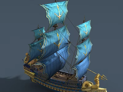Ornate Wooden Ship With Blue Sails And Golden Anchor Designs Figurehead Statue 3d model