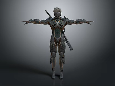 Detailed Sci Fi Game Movie Character In Mechanical Armor With Backpack Sword Arms Outstretched Pose 3d model