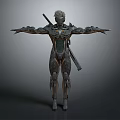 Detailed Sci Fi Game Movie Character In Mechanical Armor With Backpack Sword Arms Outstretched Pose