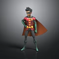 Superhero Character 3D Model With Red Green Costume Brown Cape Yellow Belt Standing Pose