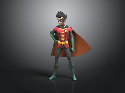 Superhero Character 3D Model With Red Green Costume Brown Cape Yellow Belt Standing Pose 3d model
