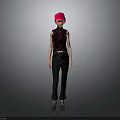 Red Haired Human Character in Sleeveless Top and Black Pants Standing Against Gray Background
