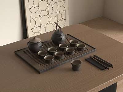 Minimalist Black Tea Set with Teapot Small Cups Wooden Tray and Chopsticks on Table 3d model