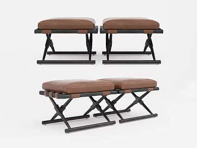 Brown Leather Sofa Stools With Black Metal Cross Frames For Living Room 3d model