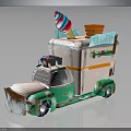 Green And Beige Ice Cream Truck With Colorful Ice Cream Cone Top And Decorative Stripes