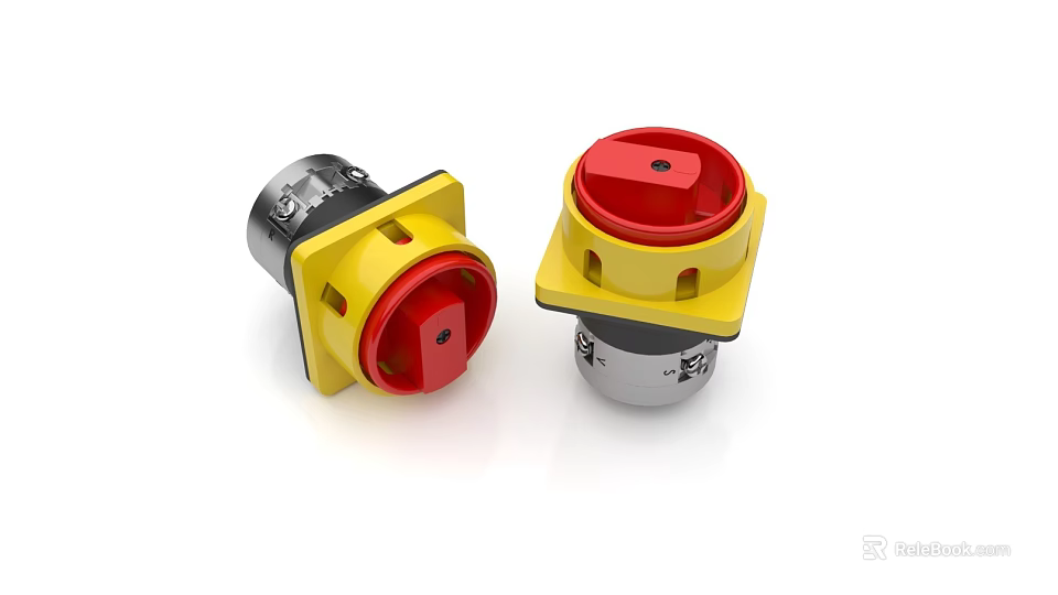Industrial Control Safety Buttons With Yellow Base And Red Emergency Stop 3d model 