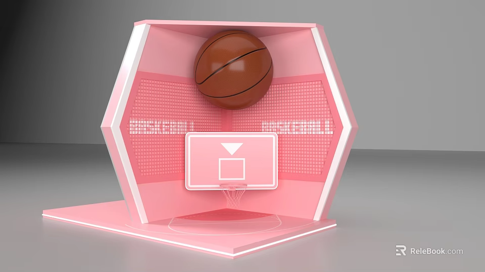 Pink Hexagon Basketball Themed Photo Check In Spot With Hoop And Ball 3d model 