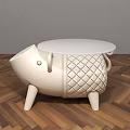Pig Shaped White Round Side Table With Diamond Quilted Body On Wooden Floor