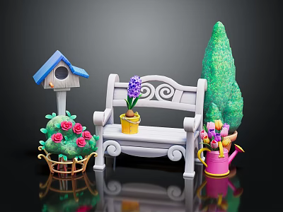Garden Decor With Blue Birdhouse White Bench Purple Hyacinth Green Tree And Pink Watering Can 3d model