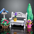 Garden Decor With Blue Birdhouse White Bench Purple Hyacinth Green Tree And Pink Watering Can