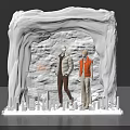 Stylish Window Display With White Orange Coats Mannequins And City Skyline Silhouettes