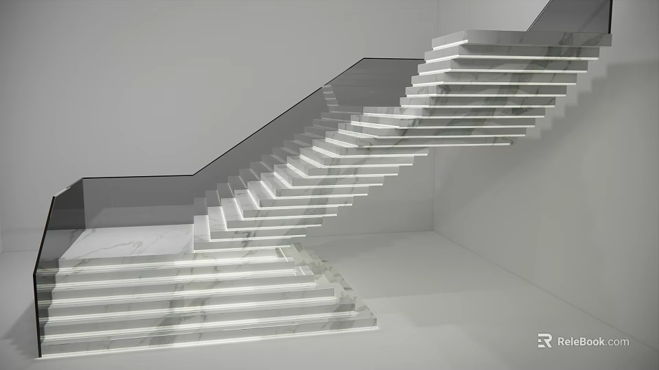 Modern Staircase Design With Marble Steps Glass Railing And LED Lighting Features 3d model 