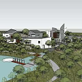 Elegant Modern Hotel Building With Green Landscaping Water Features And Circular Square
