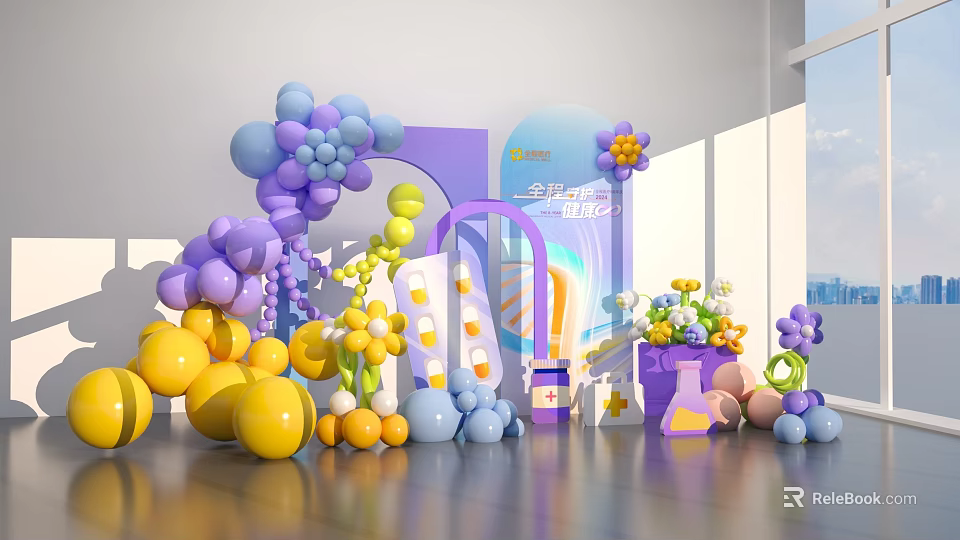 Vibrant Purple Yellow Blue Balloons With Flowers Arch For Check in Photo Spot 3d model 